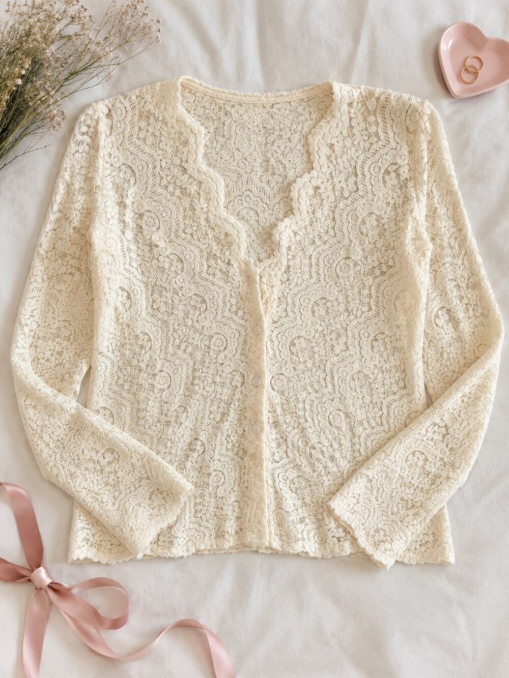 Cream Lace Cardigan Cottagecore Boho Fairycore Romantic Sheer Floral Lace Top